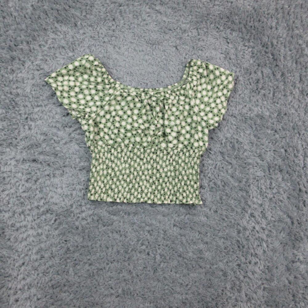 Belle du Jour Shirt Girls Large Green Daisy Smocked Crop Short Sleeve Rayon NWT